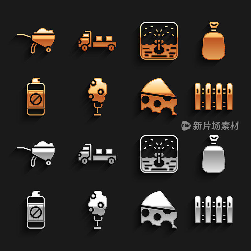 Set Tree with apple, Full sack, Garden fence wooden, Cheese, spray for fertilizer, Automatic irrigation sprinkler, Wheelbarrow dirt and Pickup truck icon. Set Tree with apple, Full sack, Garden fence wooden, Cheese, spray for fertilizer, Automatic irrigation喷头，Wheelbarrow dirt and Pickup truck icon。向量